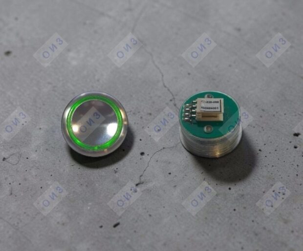 Кнопка с гайкой КЛ-220-098 VRRL полир.  с зеленой подсветкой (ореол внутр),  плата 249, OTIS